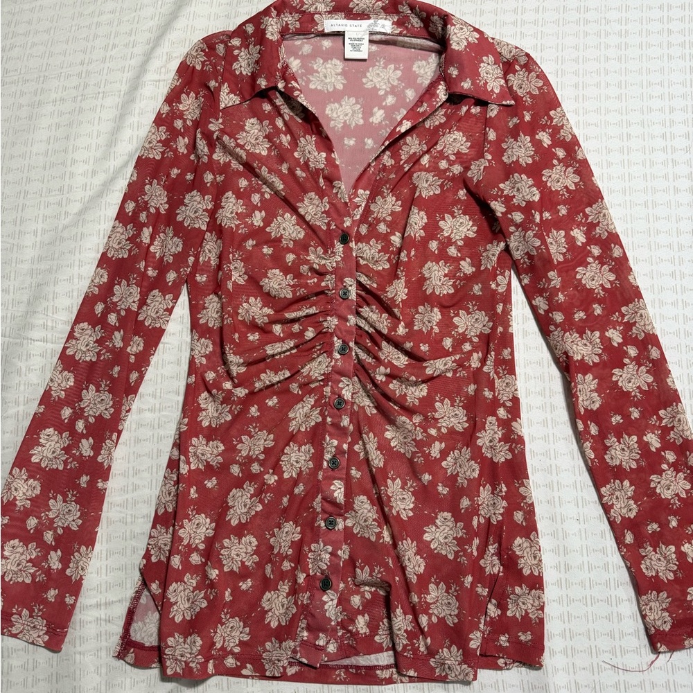 Floral Red Button-Up Women's Top